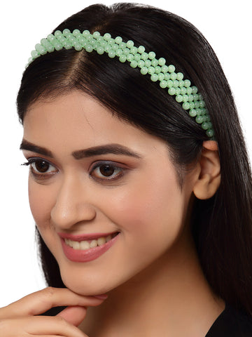 Karatcart Handcrafted Light Green Beaded Jaal Hairband