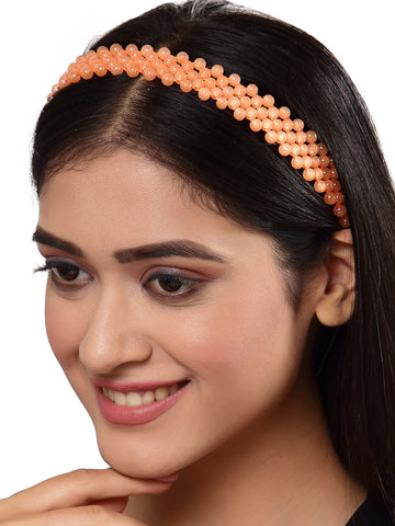 Karatcart Handcrafted Peach Beaded Jaal Hairband