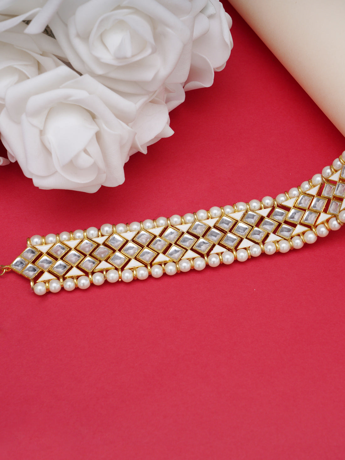 Gold Plated Handcrafted Pearl Beaded Kundan Hairband