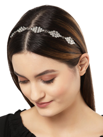 Karatcart Oxidised Silver Diamond Shape Kundan Hairband for Women