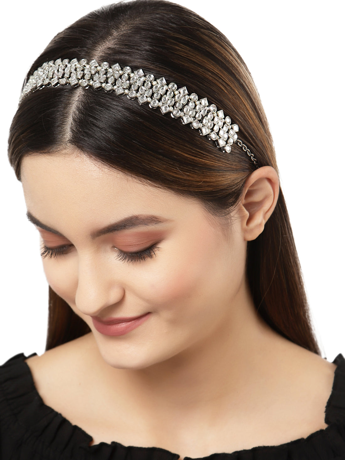 Karatcart Oxidised Silver Embellished White Kundan Hairband for Women