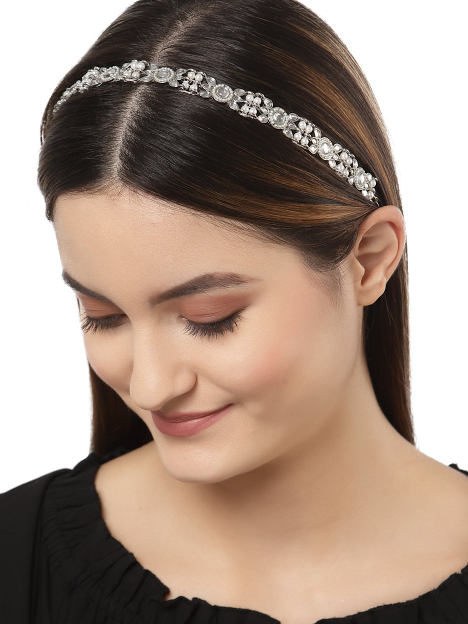 Karatcart Oxidised Silver Pearl Ball Studded Floral Kundan Hairband for Women