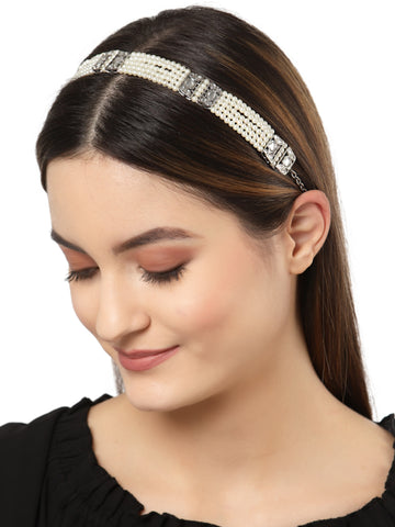 Karatcart Oxidised Silver Pearl Studded Kundan Hairband for Women