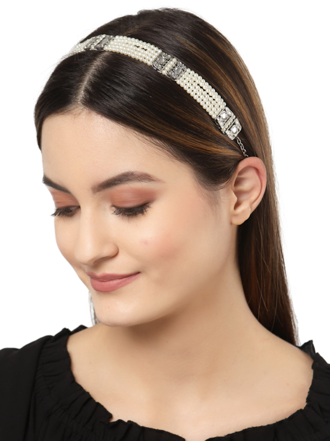 Karatcart Oxidised Silver Pearl Studded Kundan Hairband for Women