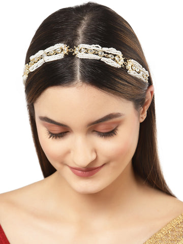 Karatcart Gold Plated Embellished Pearl Studded Kundan Hairband for Women