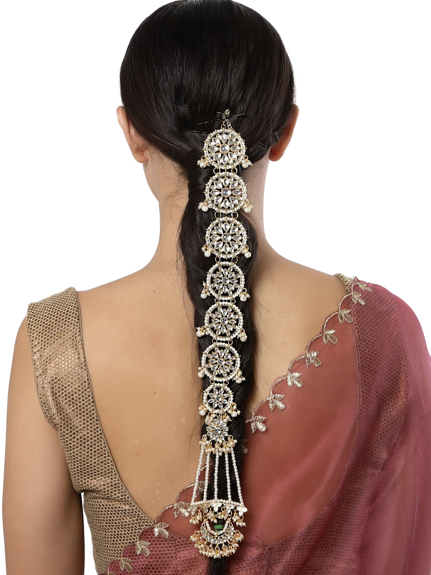 Karatcart Gold Plated Floral White Kundan Wedding Hair Braid Choti