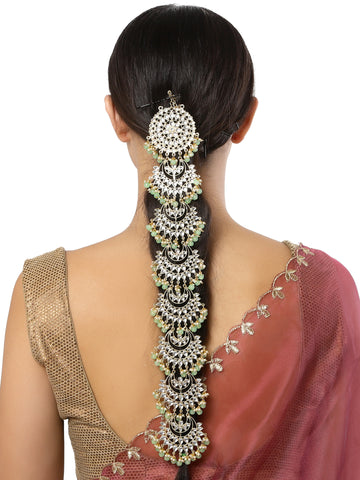 Karatcart Light Green Beads Gold Plated Kundan Wedding Hair Braid Choti