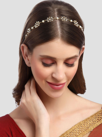 Karatcart Gold Plated Pearl Studded Floral Kundan Hairband for Women