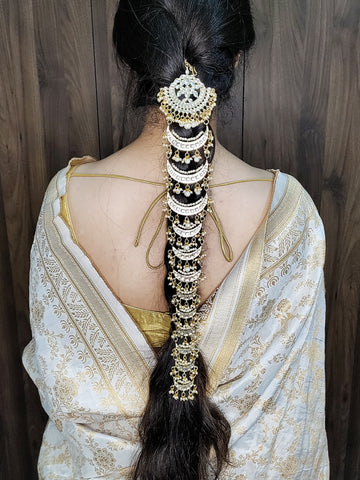 Karatcart Moon Shape Gold Plated Pearl and Kundan Studded Bridal Wedding Hair Braid Choti