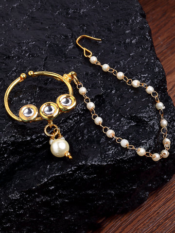 White Kundan Nosepin With Pearl Ball Chain