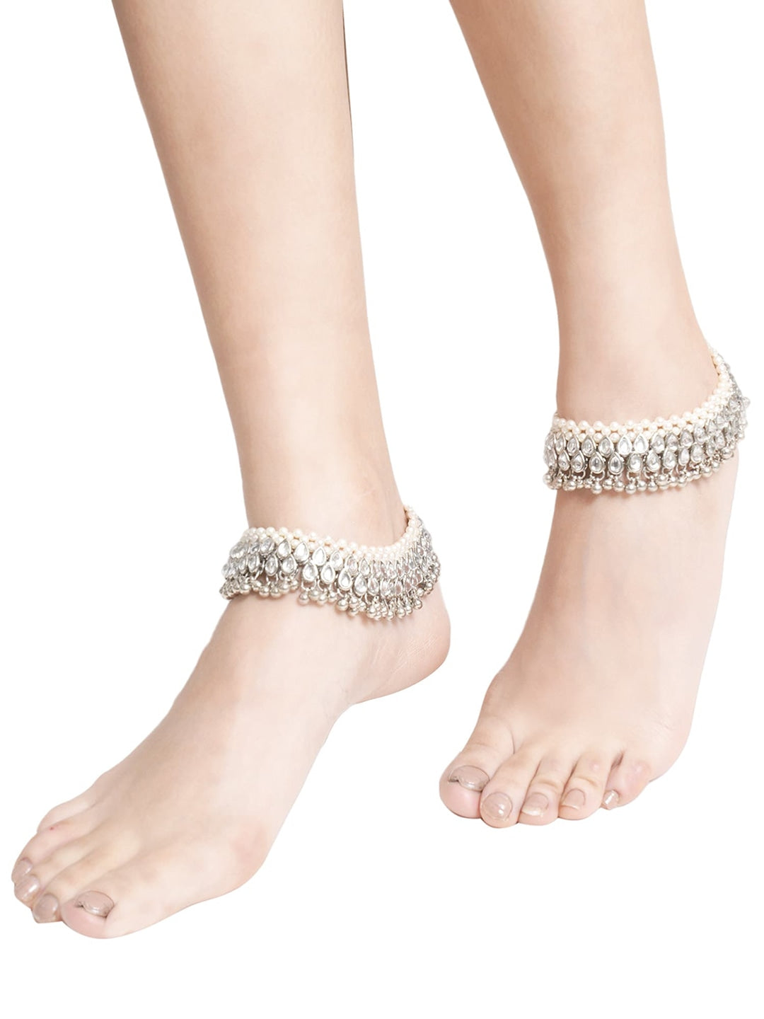 Set Of 2 Oxidised Silver-Plated White Kundan-Studded Anklets