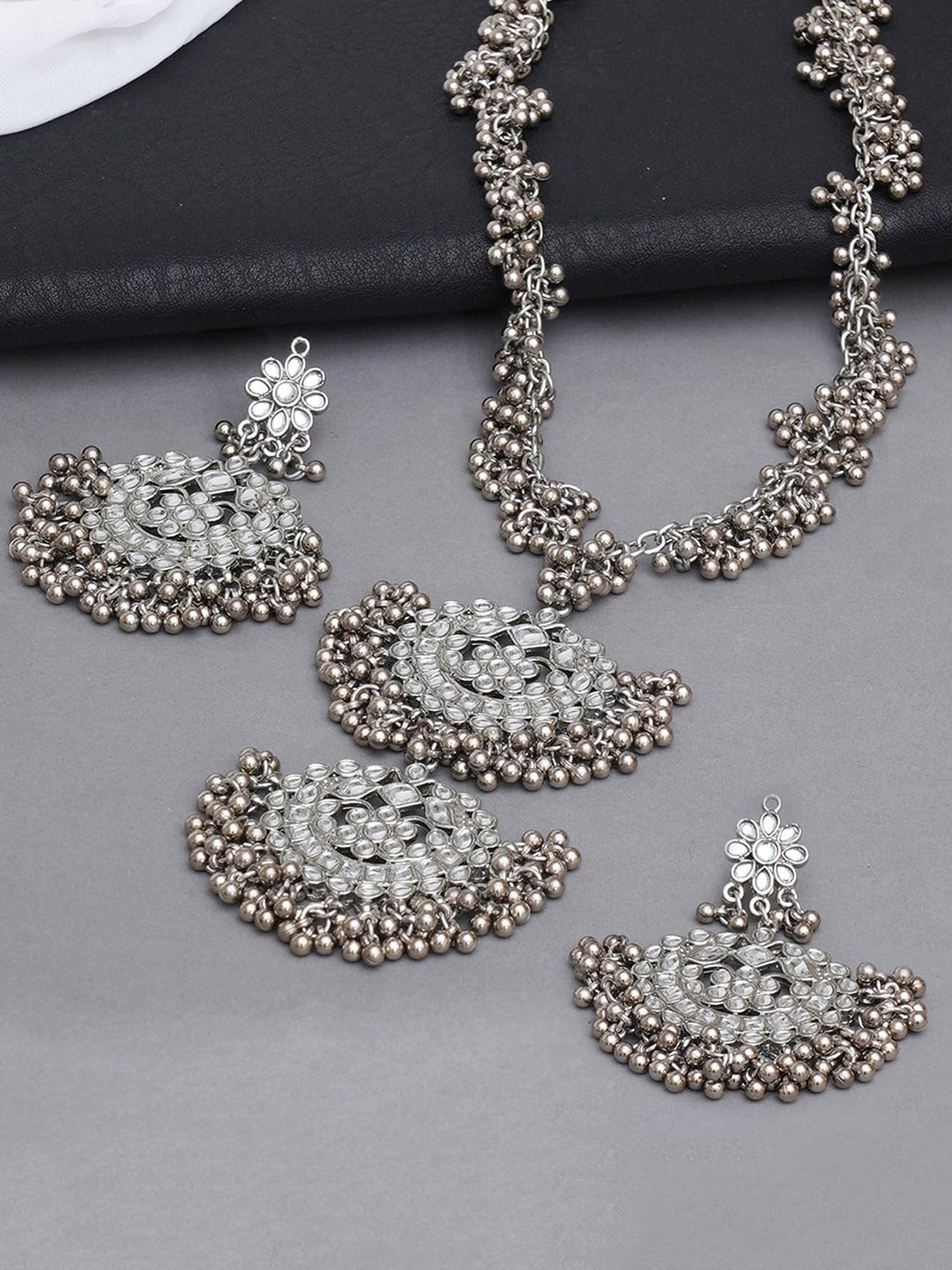 Oxidised Silver-Plated White Kundan-Studded Beaded Jewellery Set