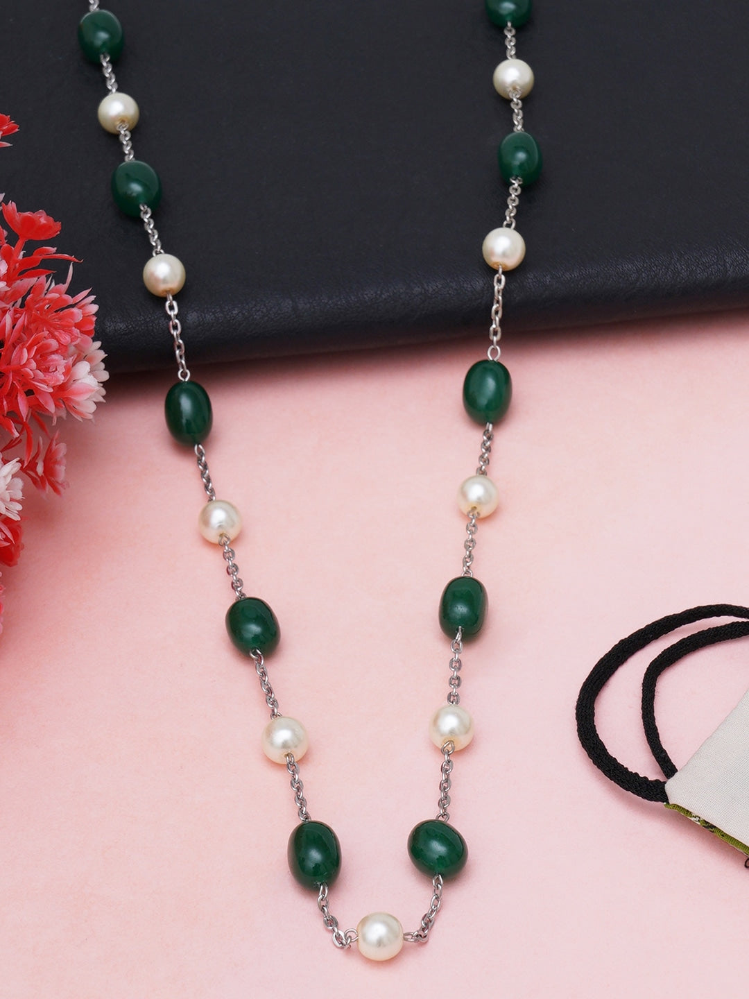 Women Green & White Tumble Stone and Pearl-Studded Mask Chain