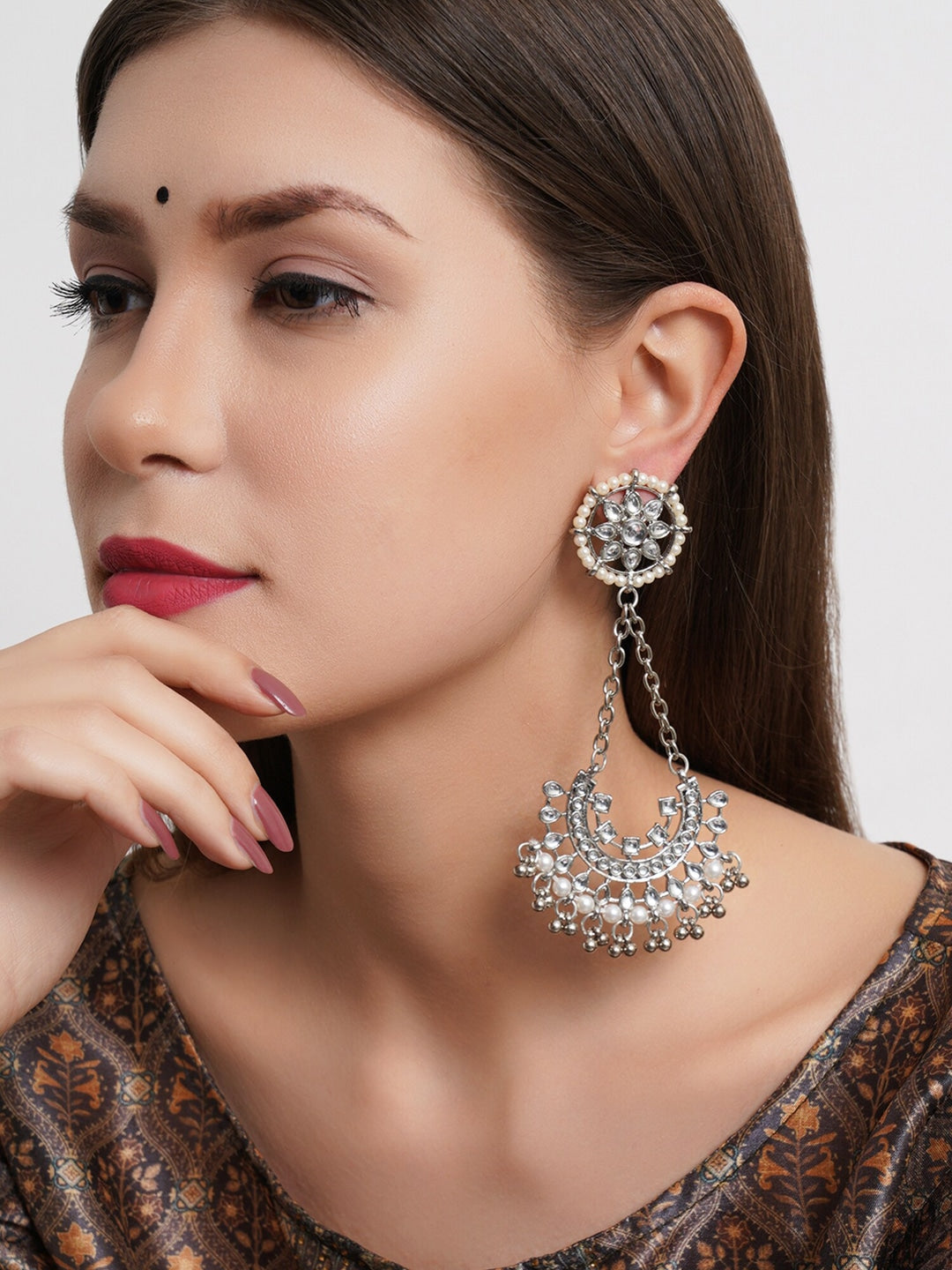 Silver-Toned Contemporary Chandbalis Earrings