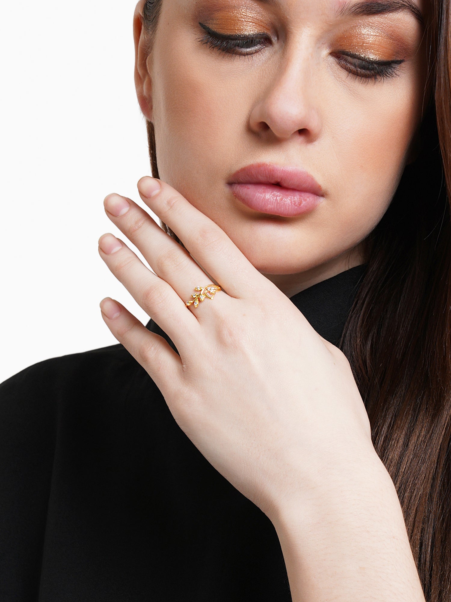 GoldPlated 925 Sterling Silver Austrian Crystal Leaf Adjustable Ring - view 2