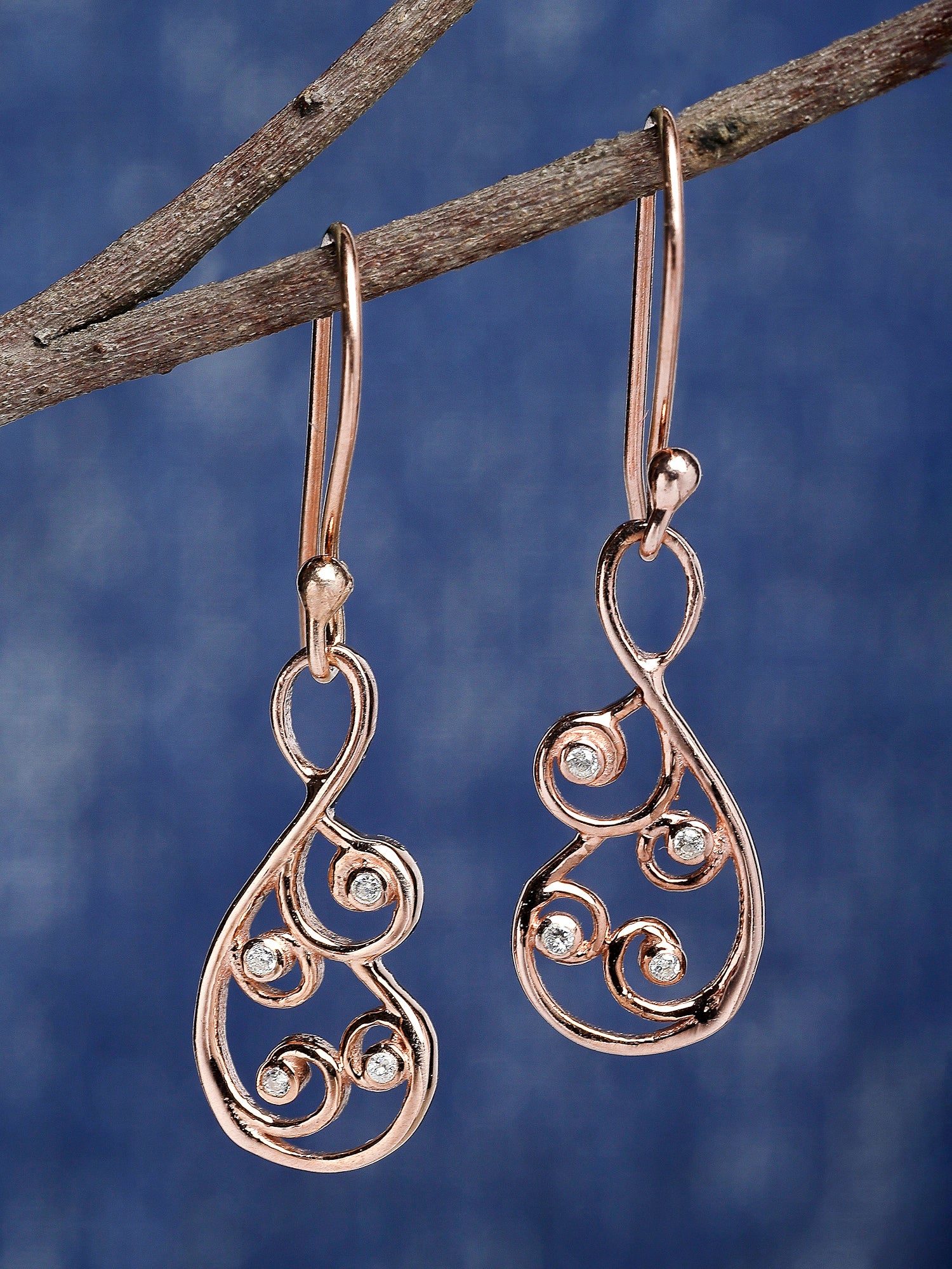 KUNUZ Rose Gold Plated Cubic Zirconia Studded 925 Sterling Silver Drop Earrings - Image 1