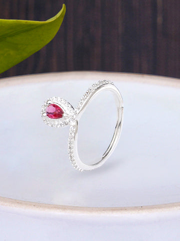 KUNUZ 925 Sterling Silver Red CZ Studded Adjustable Ring for Women