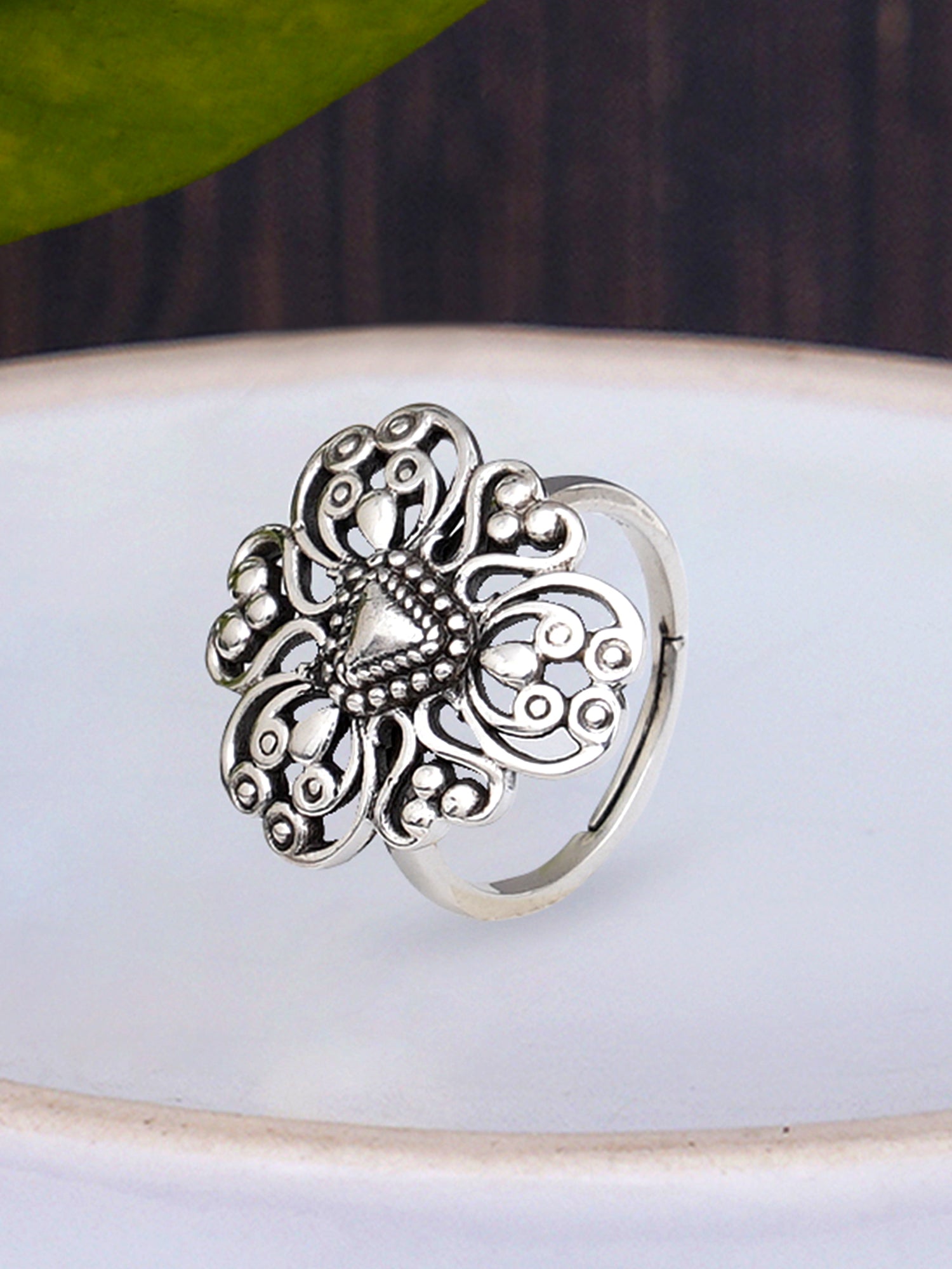 KUNUZ 925 Sterling Silver Oxidised Antique Adjustable Ring for Women