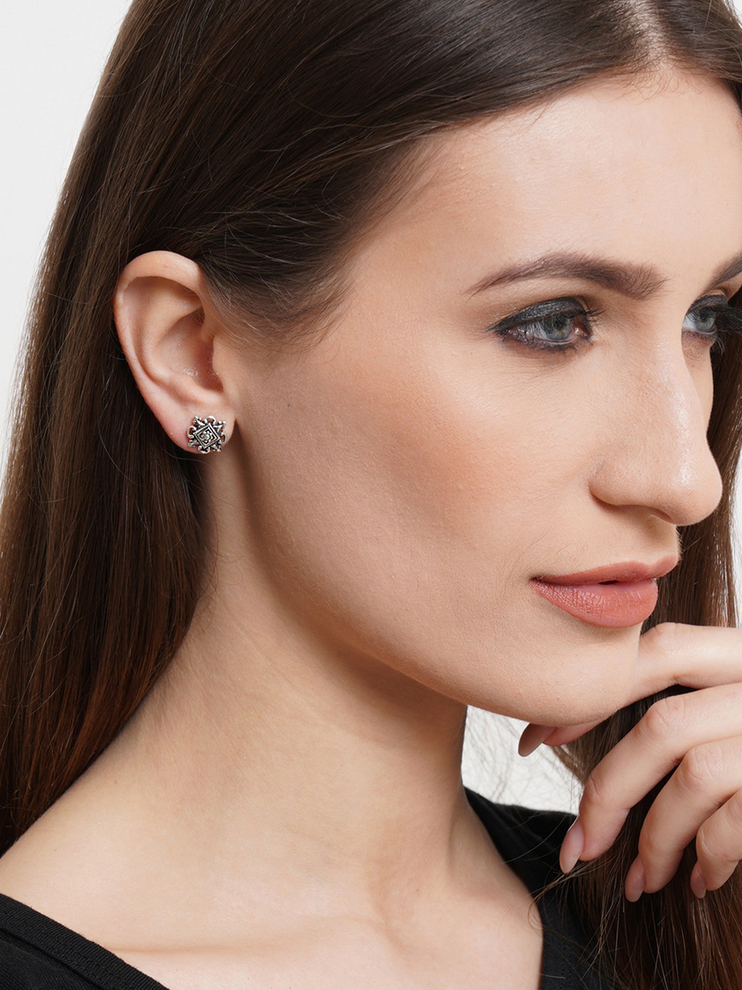 KUNUZ 925 Sterling Silver Oxidised Antique Stud Earrings for