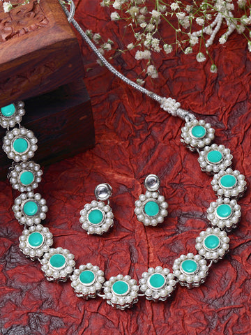 Karatcart Oxidised Silver Light Blue Kundan and Pearl Choker Necklace Set