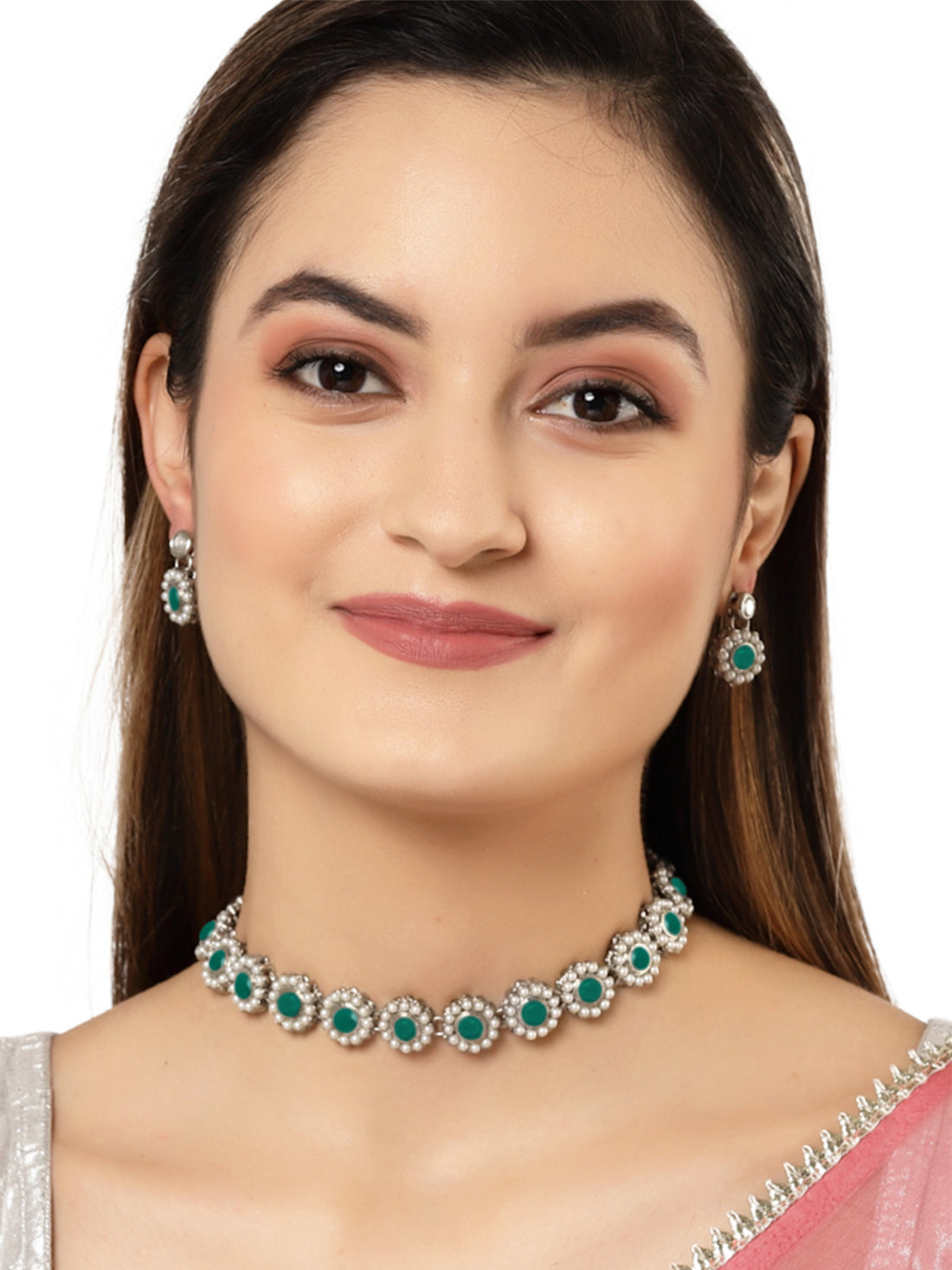 Karatcart Oxidised Silver Green Kundan and Pearl Choker Necklace Set