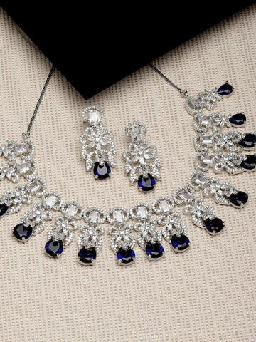 Karatcart Silver Tone Blue  American Diamond Necklace Set