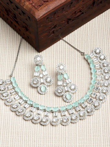 Karatcart Silver Tone Lime Green American Diamond Necklace Set