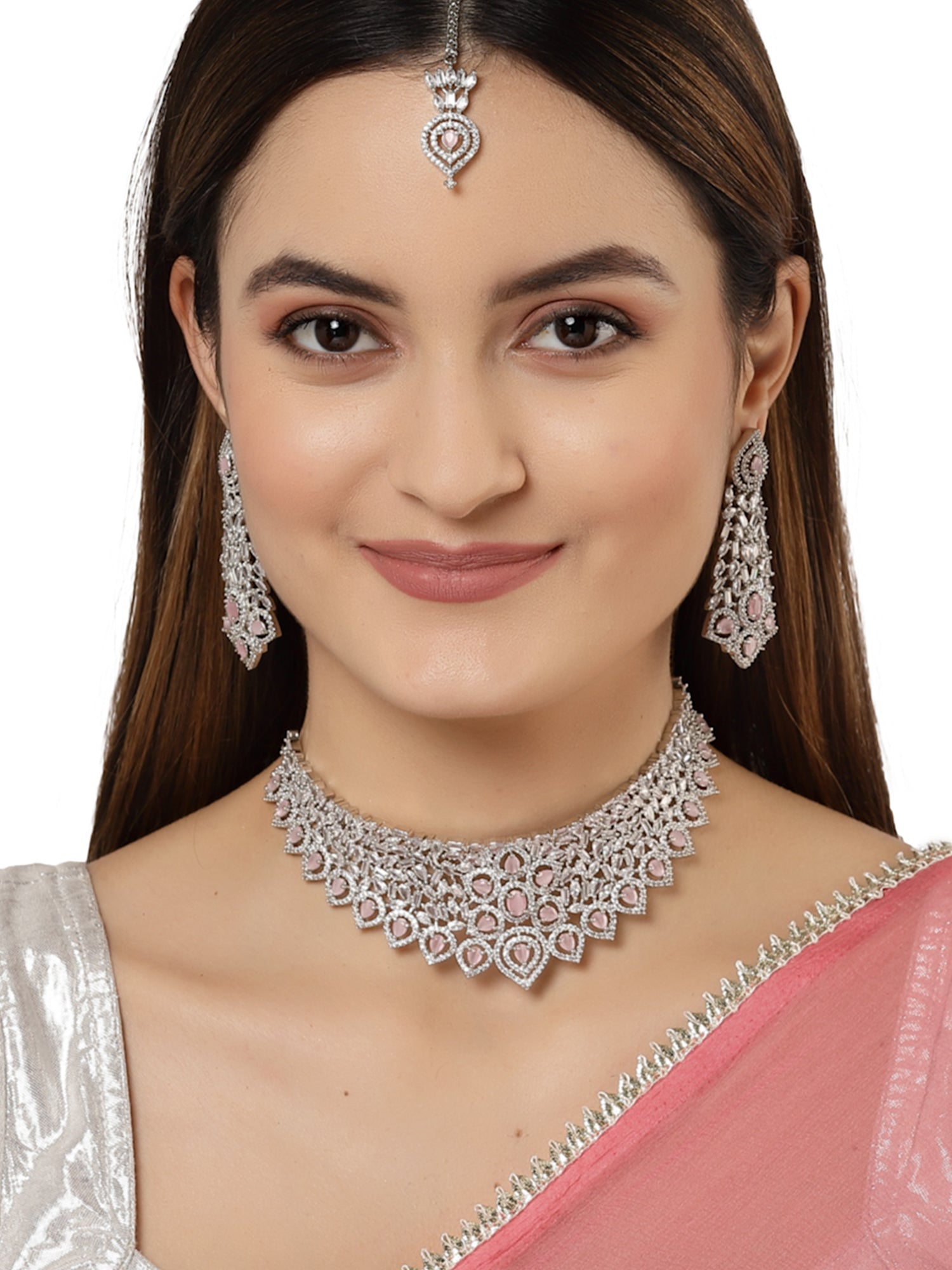 Karatcart American Diamond Studed Pink Choker Necklace Set