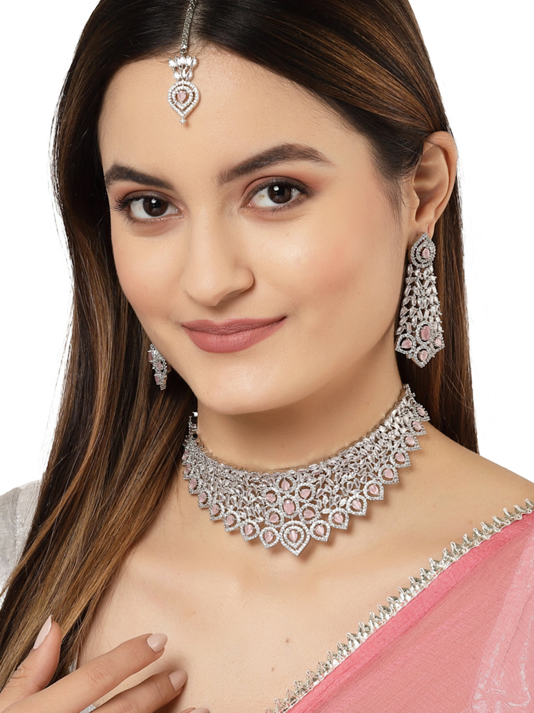 Karatcart American Diamond Studed Pink Choker Necklace Set