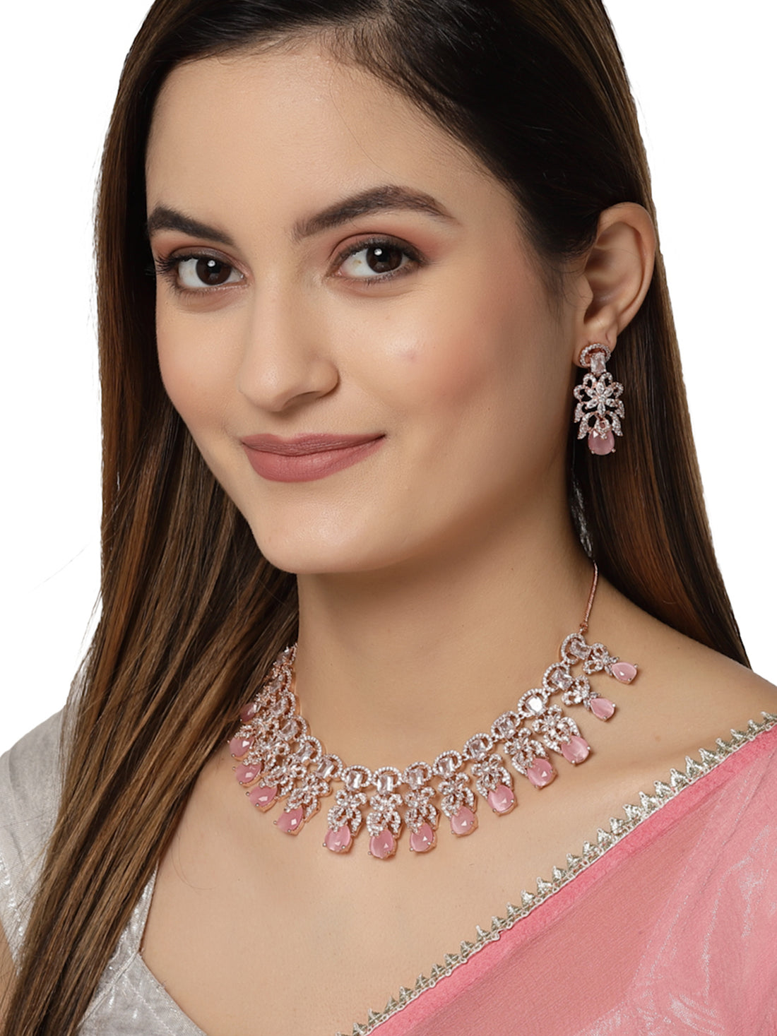 Karatcart Pink American Diamond Studed Choker Necklace Set