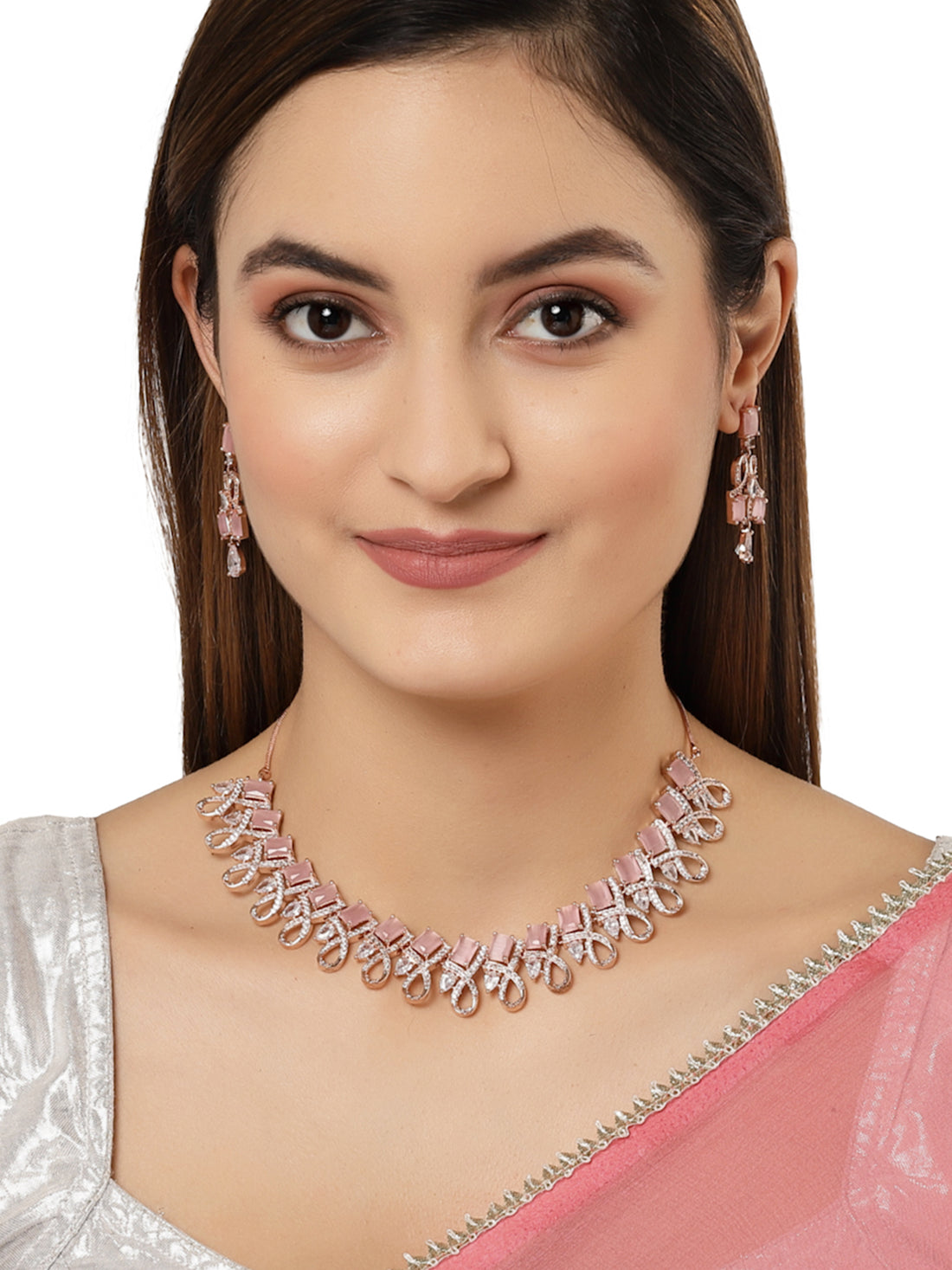 Karatcart Pink American Diamond Choker Necklace Set