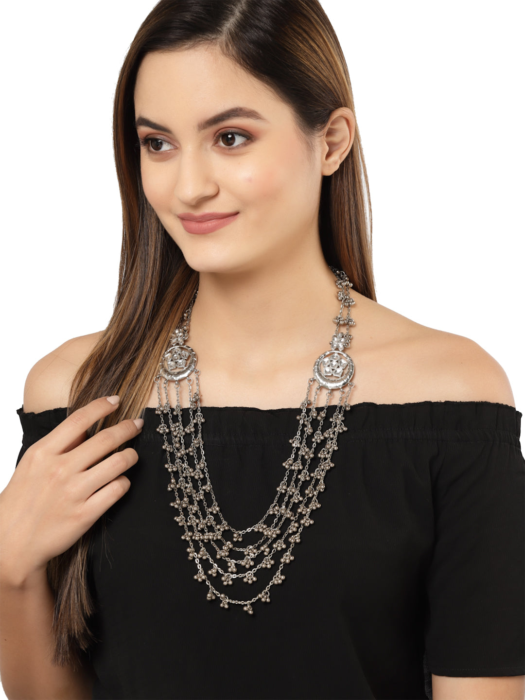 Karatcart Oxidised Silver Multistrand Long Kundan Necklace for Women