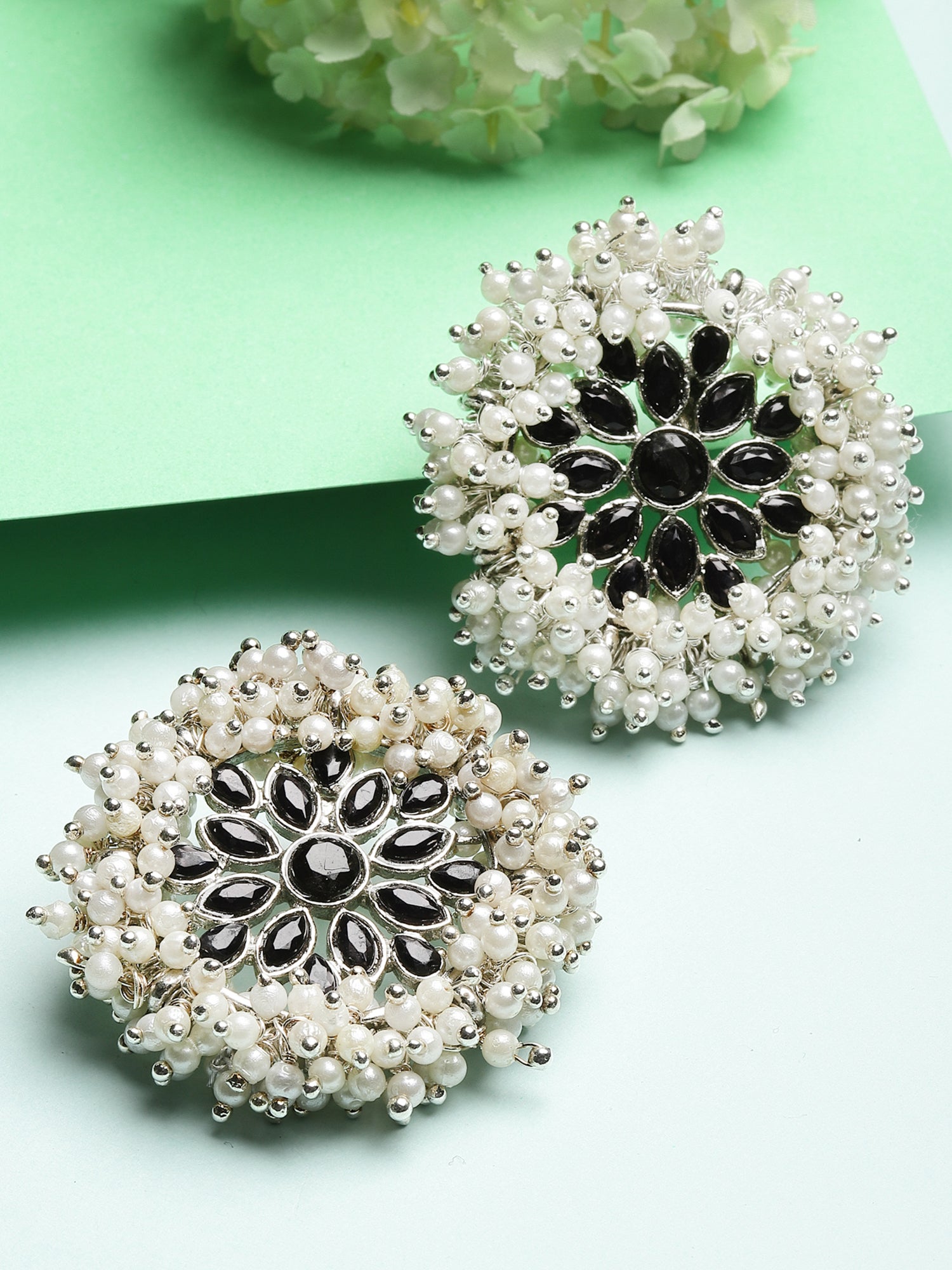 Oxidised Silver Black Kundan Pearl Stud Earrings for Women
