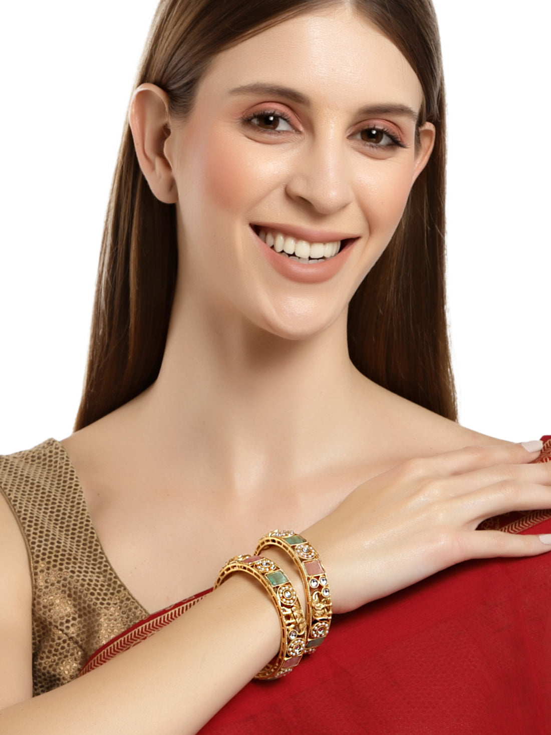 Karatcart Antique Gold Plated Rajwadi Temple Bangle Set for Women