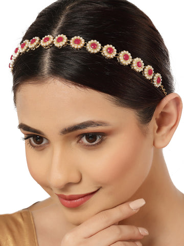 Gold Plated Red Kundan Studded Hairband