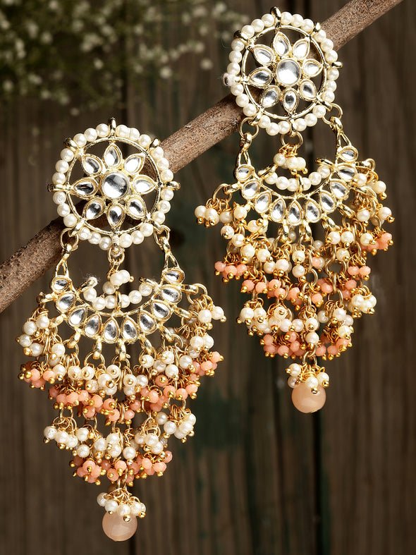 Peach Crystal and Pearl Kundan Dangler Earrings for Women