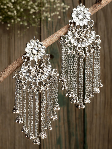 Oxidised Silver Kundan Tassel Earrings for Women