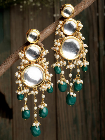 Green Tumble Polki Kundan Dangler Earrings for Women