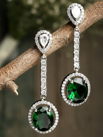 Silver Tone Green American Diamond Drop Earrings for Women