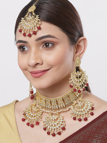 Red Beads Gold-Toned Kundan Studded Bridal Choker Necklace Set