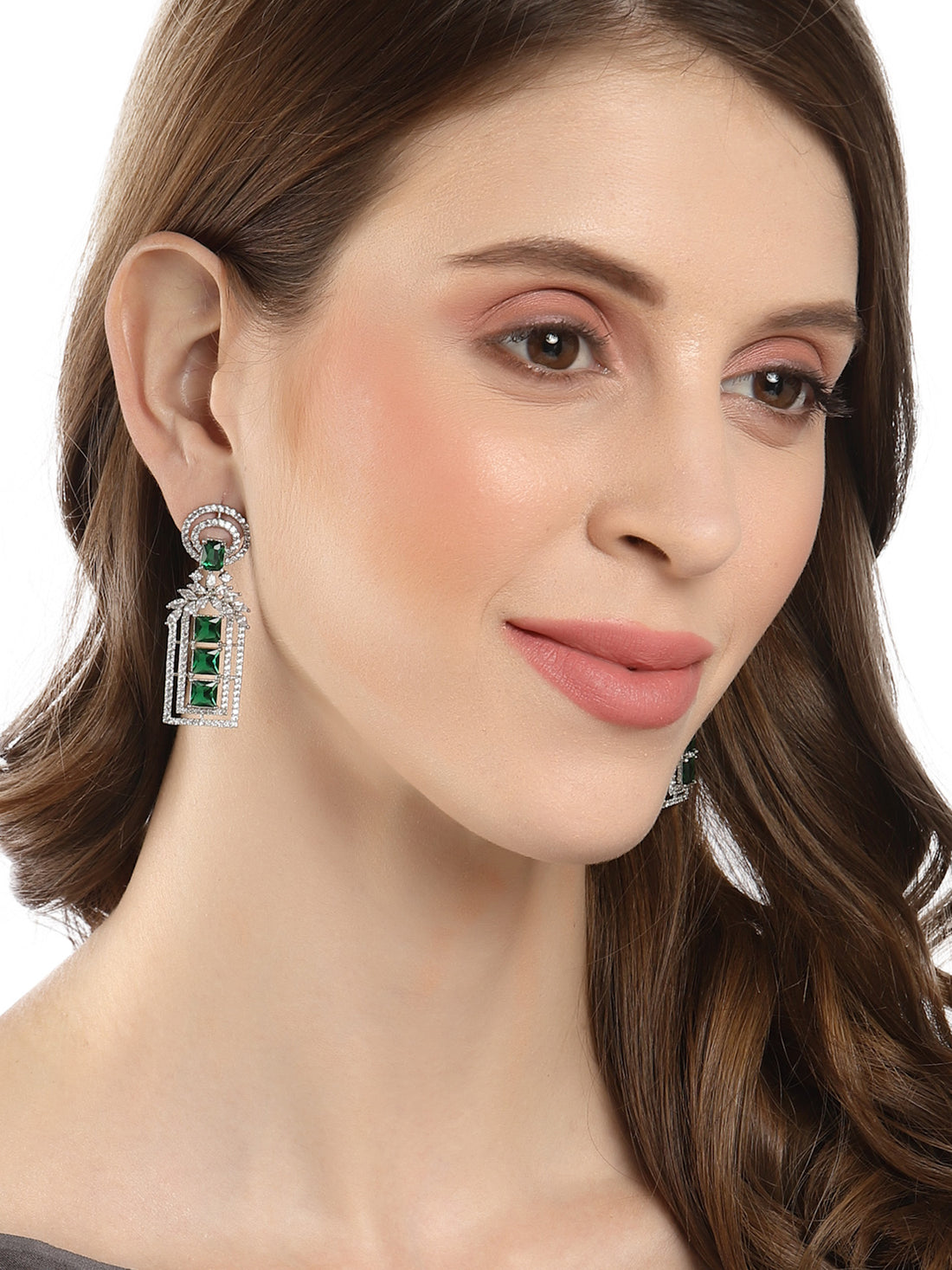 Karatcart Silver Tone Green AD Drop Earrings for Women