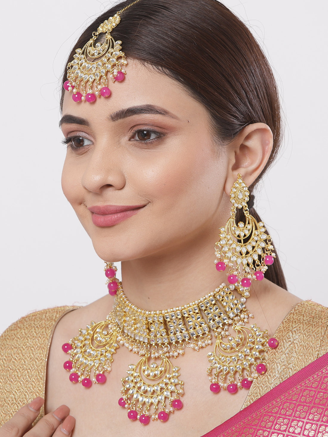 Pink Beads Gold-Toned Kundan Studded Bridal Choker Necklace Set