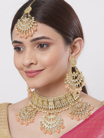 Peach Beads Gold-Toned Kundan Studded Bridal Choker Necklace Set