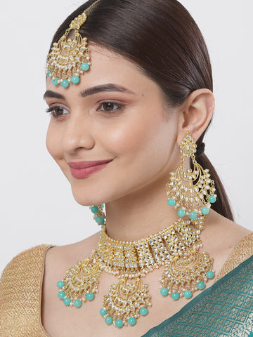 Light Blue Beads Gold-Toned Kundan Studded Bridal Choker Necklace Set