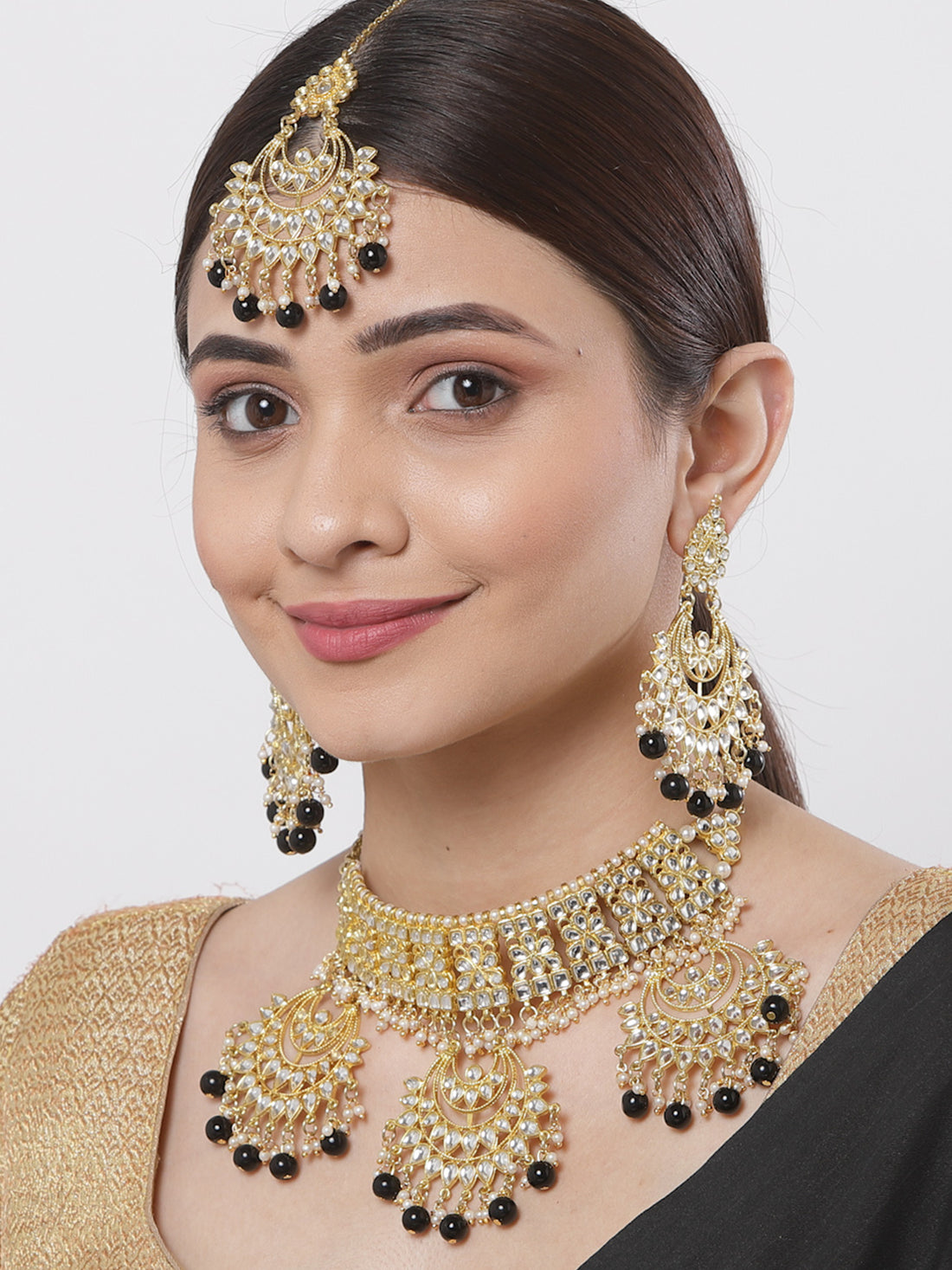 Black Beads Gold-Toned Kundan Studded Bridal Choker Necklace Set