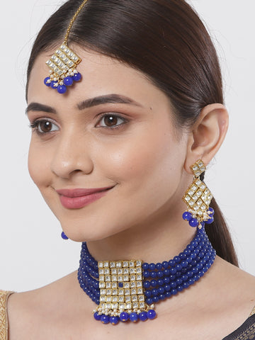 Gold-Plated Embellished Kundan and Blue Beads Handcrafted Choker Necklace Set