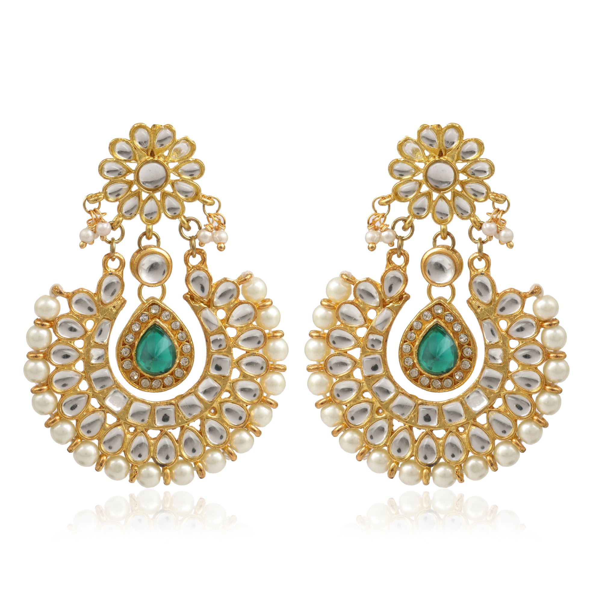 Kundan Green Stone Chandbali Earrings - view 2