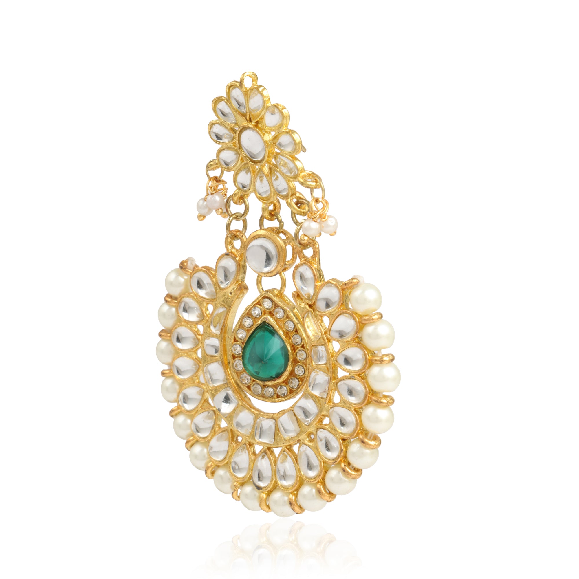 Kundan Green Stone Chandbali Earrings - view 5