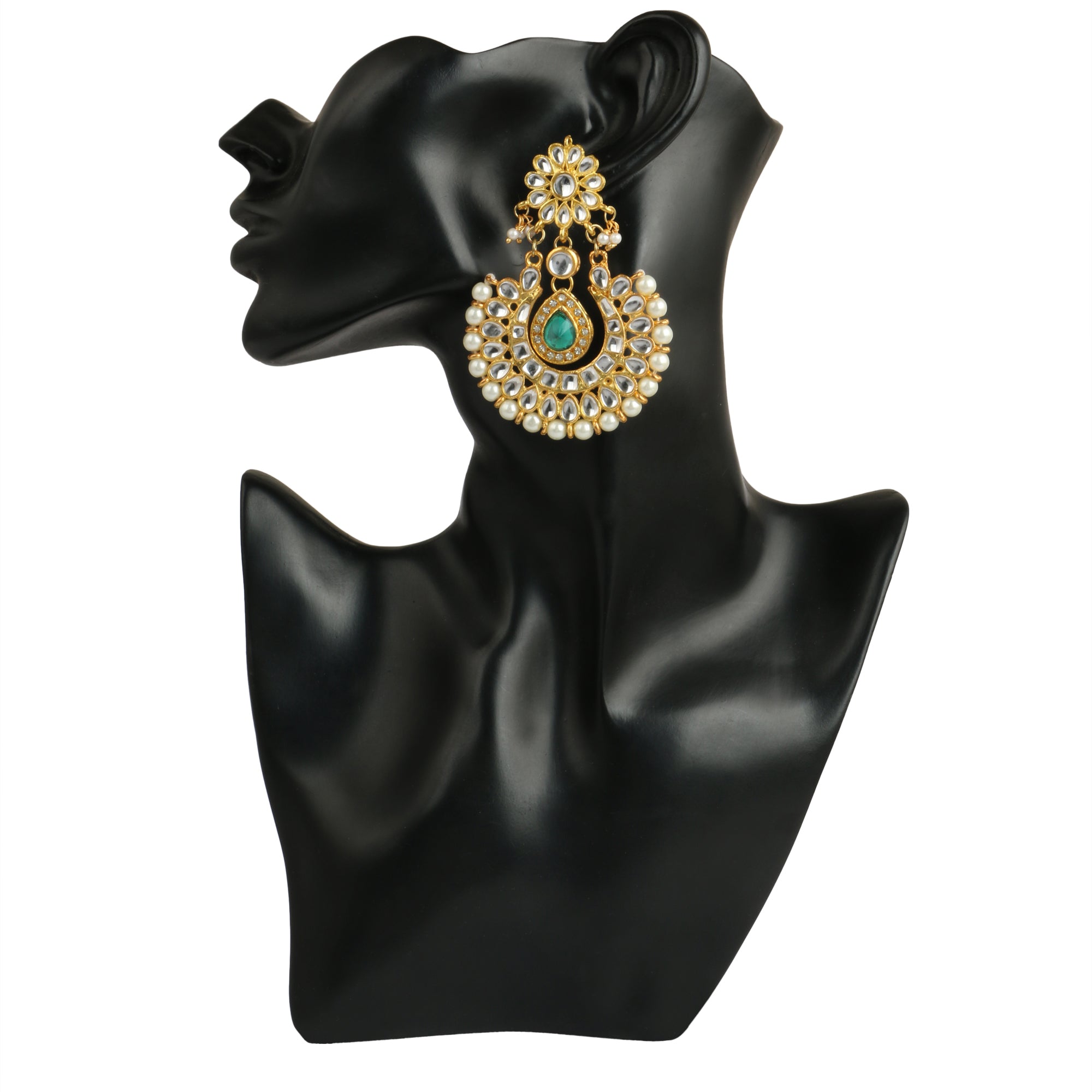 Kundan Green Stone Chandbali Earrings - view 6