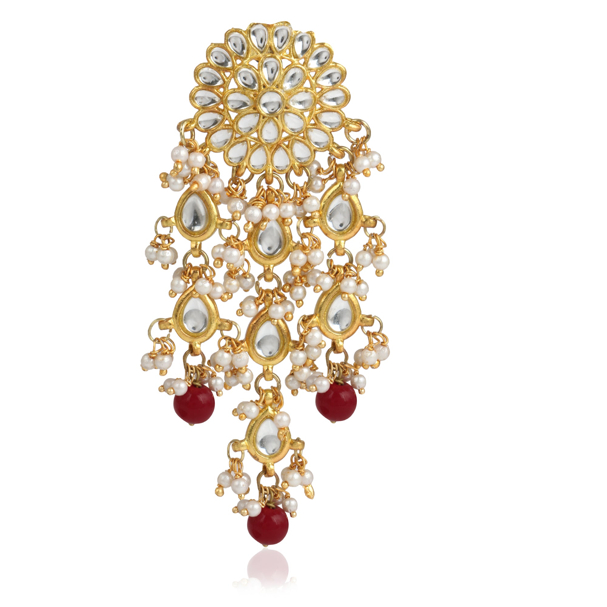 Gold Plated Red Beads Kundan Dangler Earrings with Maangtikka - view 4